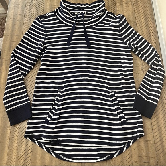 J CREW Striped waffle funnelneck sweatshirt in navy and white stripe size small - Picture 2 of 7